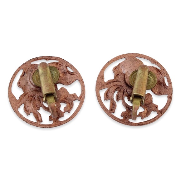 Vintage Floral Leaf Clip On Earrings Copper Tone Repoussé Art Nouveau Revival - Picture 3 of 4